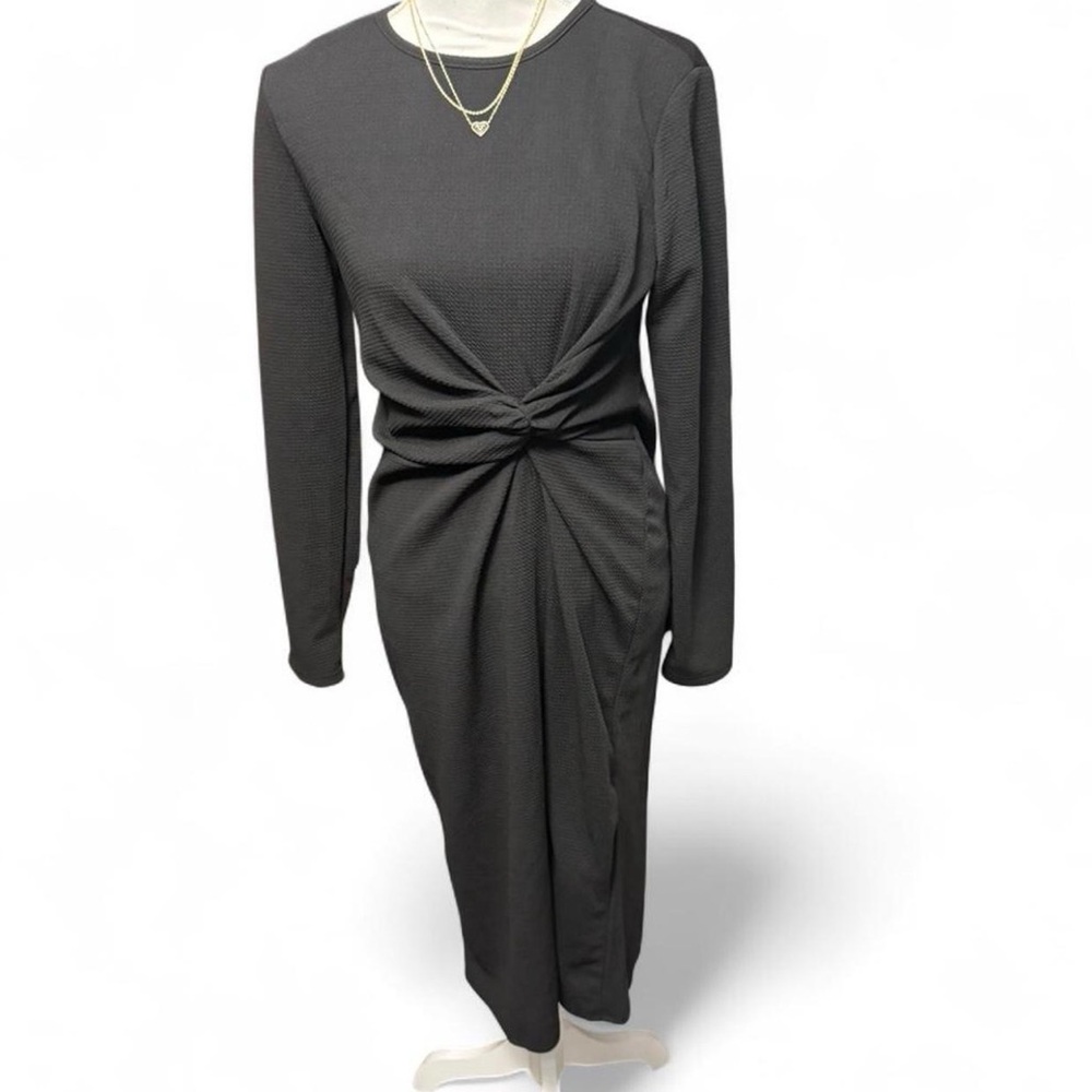 Long Sleeve Twist Front Black Midi Dress